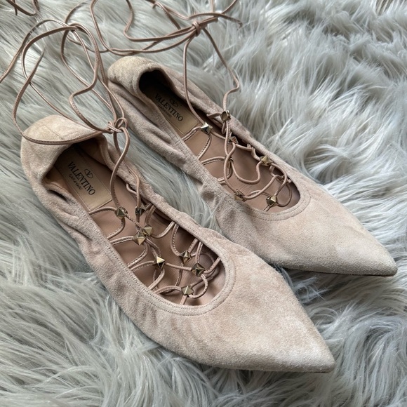 VALENTINO GARAVANI Suede Rockstud Lace-Up Ballet Flats Size 37.5 (7.5) - Picture 2 of 12